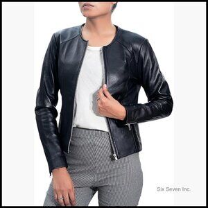 Slim Fit Lambskin Leather Jacket Women's Lightweight Round Neck